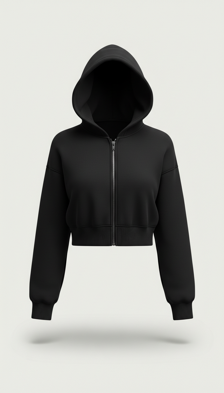 Cropped Black Zip Hoodie with Raw Edge